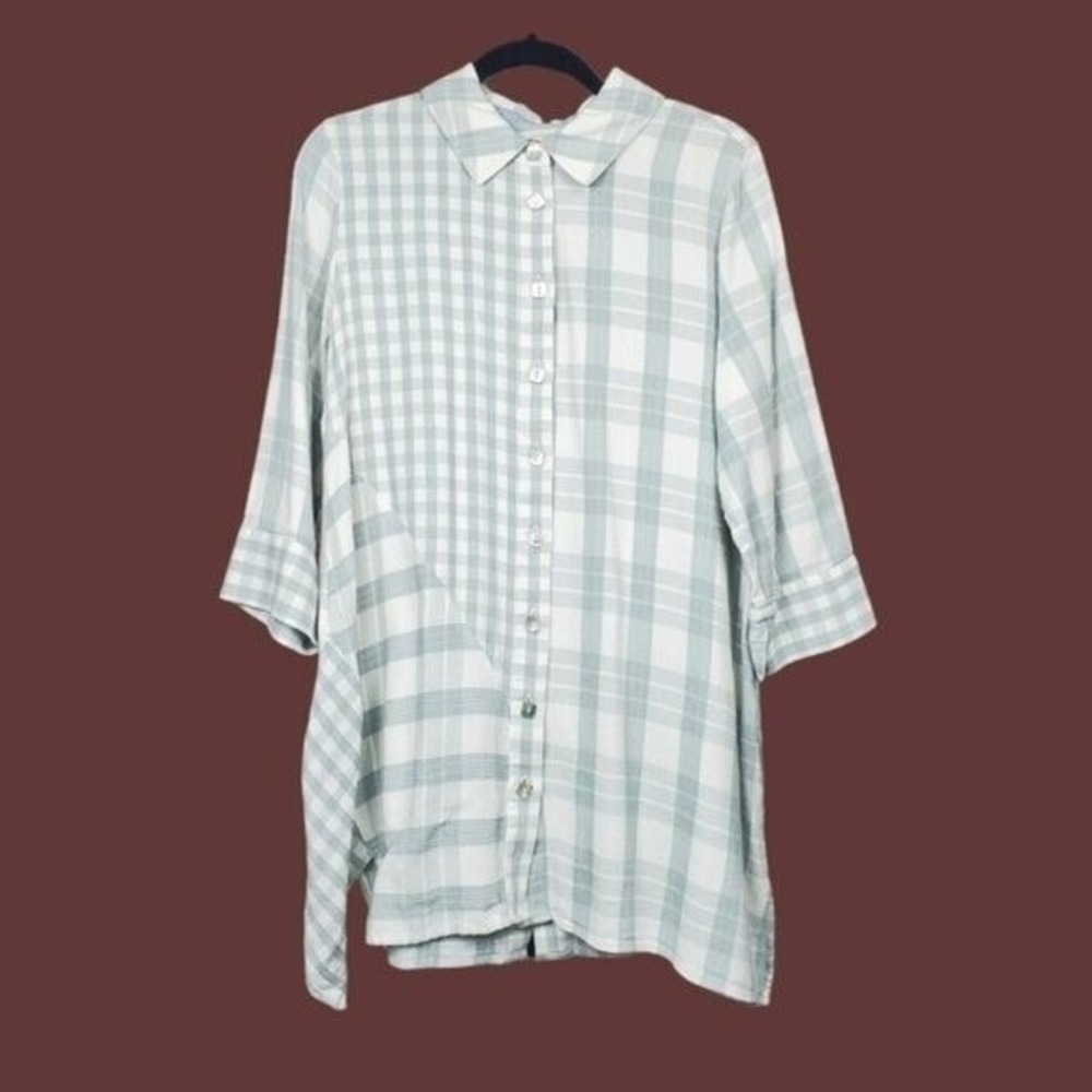 Soft Surroundings Womens Huntleigh Ivory Sage Green Plaid Tunic Shirt Size L View 3